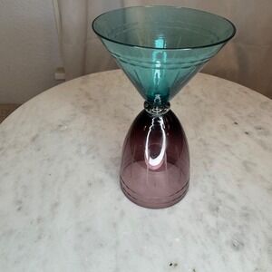 VTG‎ Purple & Teal Art Glass Vase Hourglass Shape Decor Accent Piece Unique